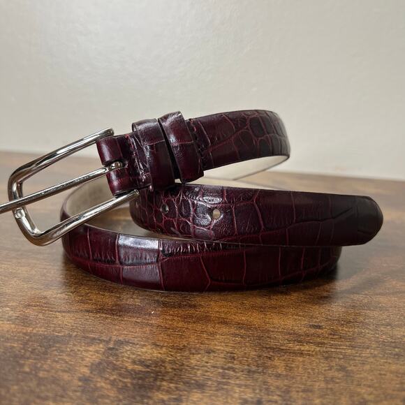 Kenneth Cole Belt Large Womens Italian Calfskin Leather Croc Embossed Burgundy - Picture 1 of 9